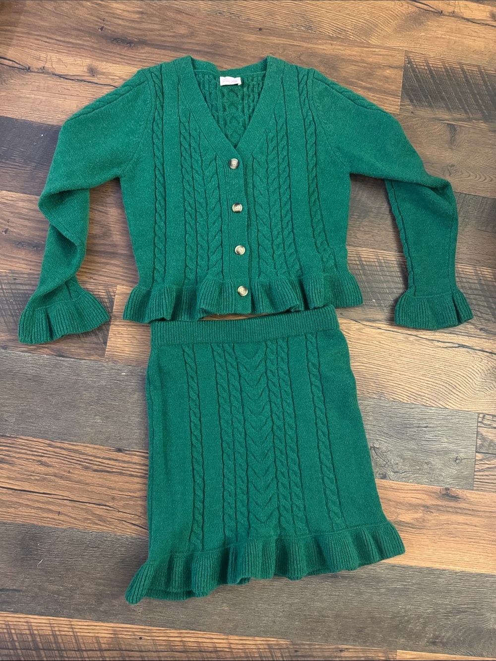 Pink Lily Emerald Green Cable Knit Cardigan & Skirt Set